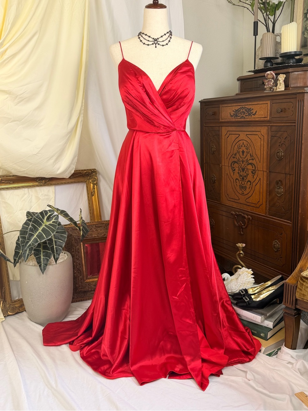 Sherri Hill Red Satin Evening Gown - Sleeveless Spaghetti Strap Dress - Prom - Picture 6 of 8
